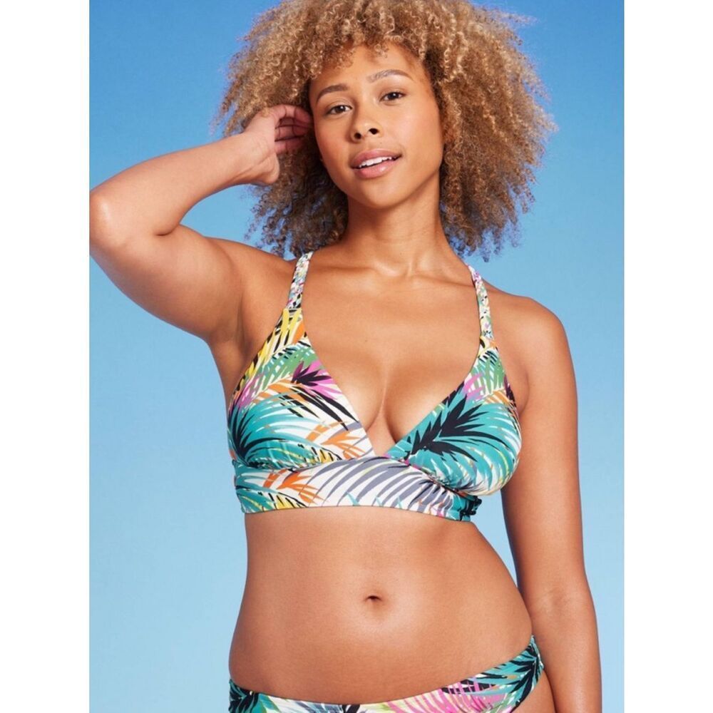 Shade & Shore medium Tropical Print Teal Halter Bikini Top - Women Swim